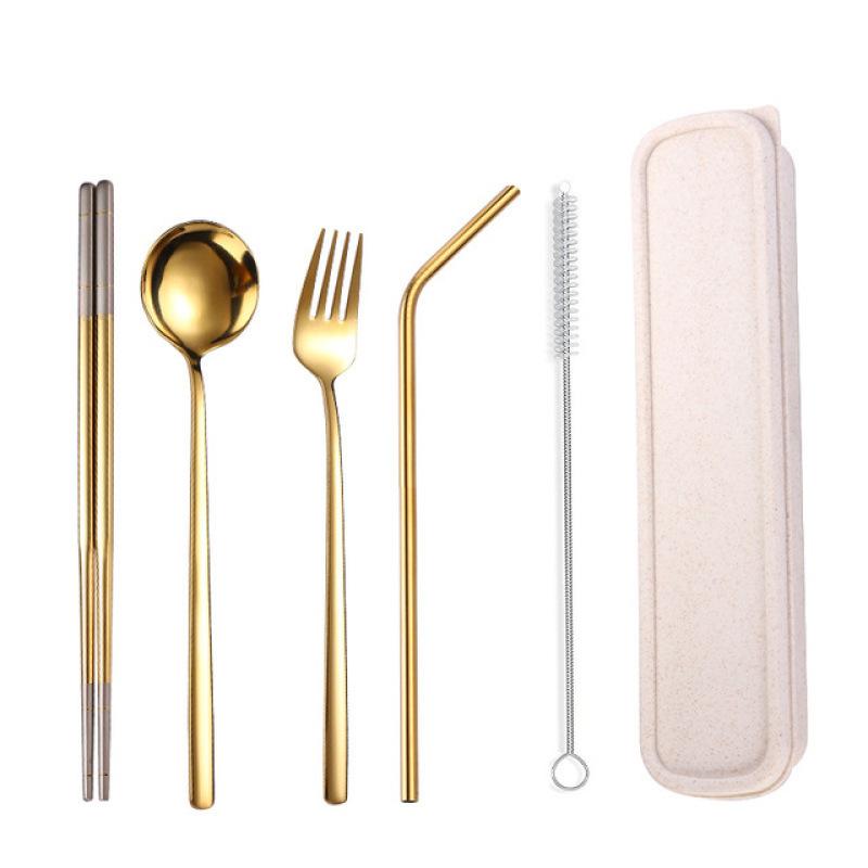 Flatware Dinnerware Travel 5pcs Camping Cutlery Set Fork Spoon Chopsticks Straw With Portable Case Stainless Steel Tableware Set