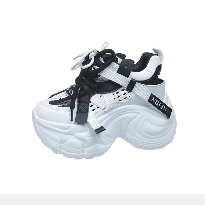 9CM New 2025 Chunky Leather Sneakers Summer Casual Vulcanized Shoes Woman High Platform Breathable Mesh Sneakers Sport Dad Shoes