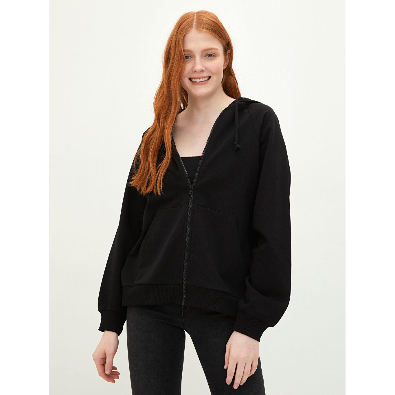 

LCW CASUAL Однотонный женский спортивный кардиган с капюшоном и длинными рукавами, черный