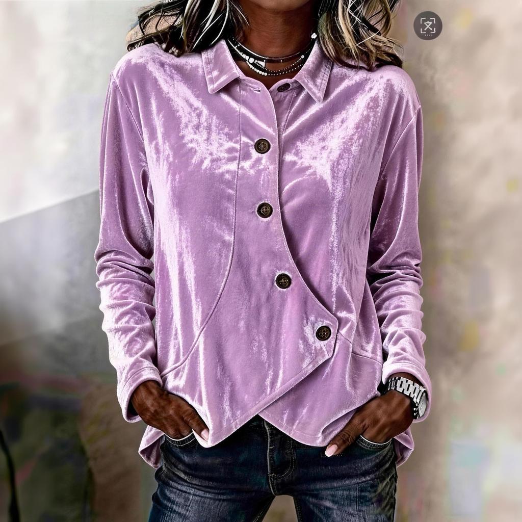 Women's Vintage Velvet Blouse with Lapel Collar and Irregular Buttons Casual Fashion Top