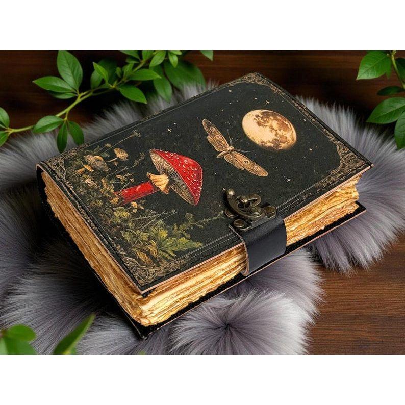 Grimoire Vintage Mushroom leather journal, Handmade Antique Deckle Edge Paper Spell Book of Shadows Journal for gifts