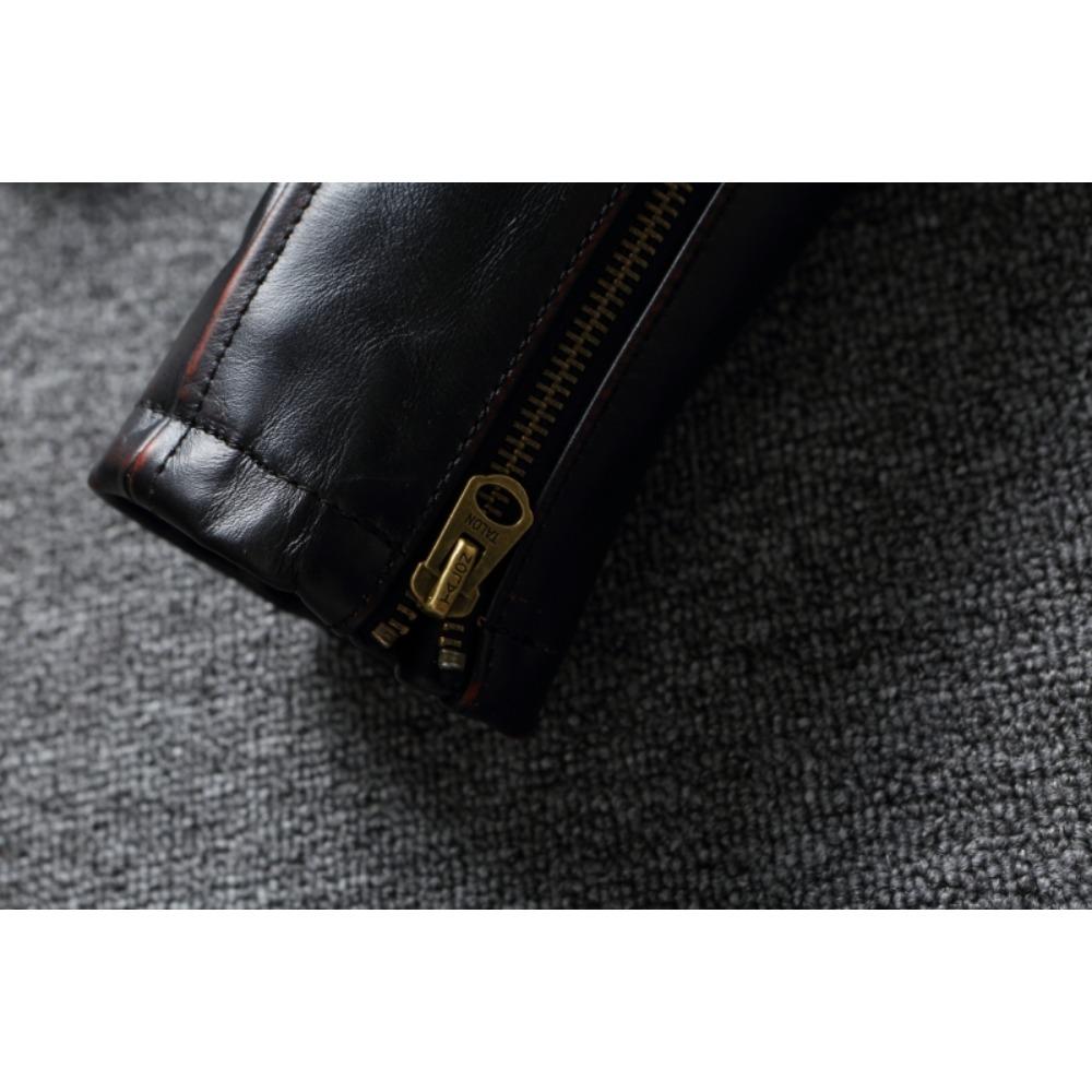 Chinese Size Style RL Top Layer Oil Waxed Cowhide Real Leather Jacket Men Stand Collar Brown Motorcycle Coat Men's Biker Jacket Spring Autumn