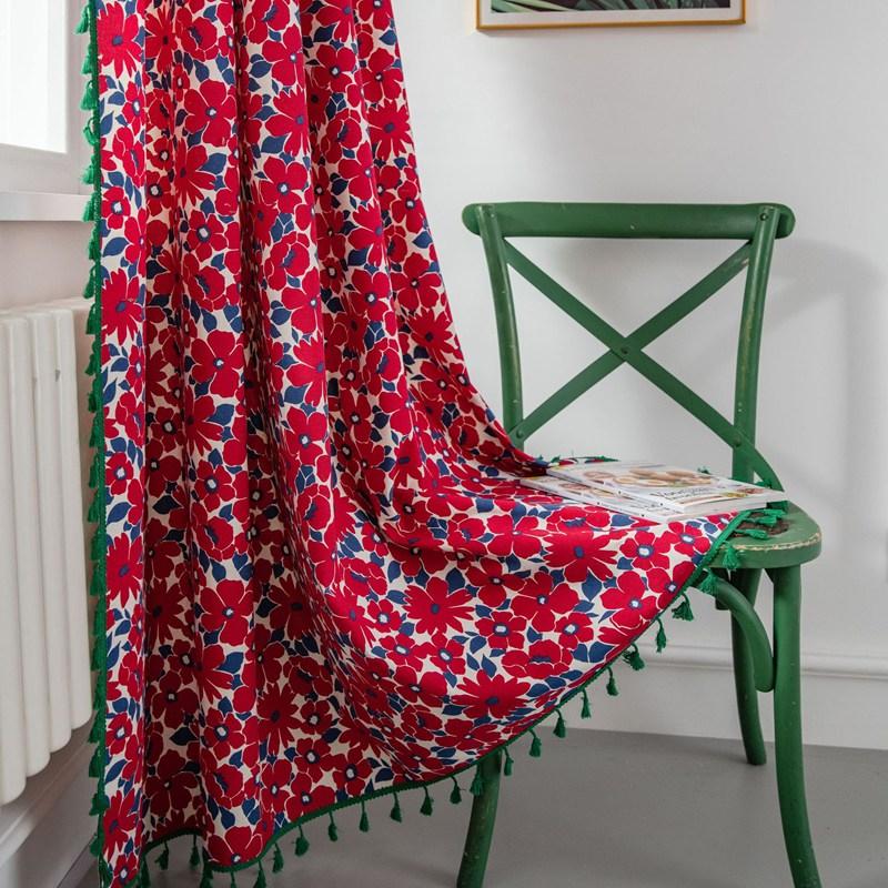 

Cotton Linen Bohemian Red Flowers Christmas Tassel Window Curtain Blackout Drapes for Living Room Bedroom Kitchen Window Curtain W150 x H160cm&Threading Rod