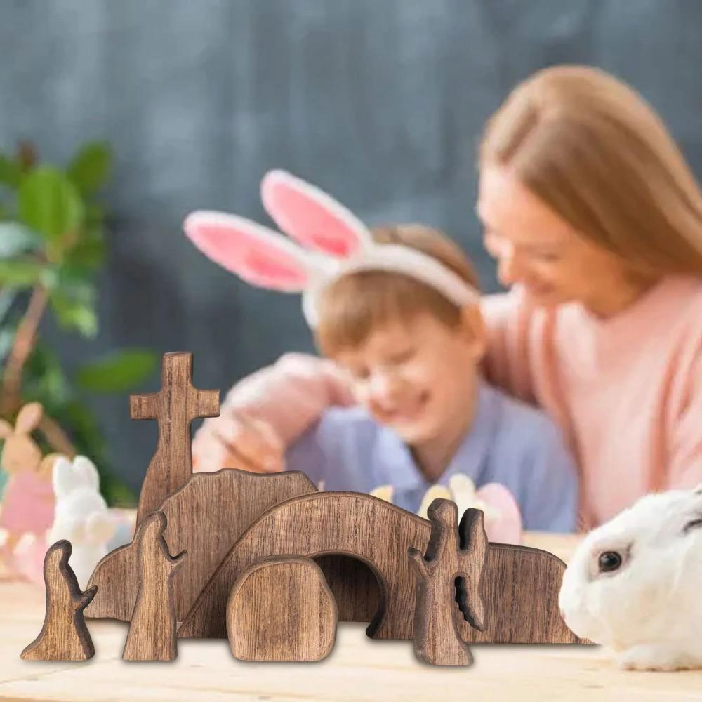 Portable Wooden Empty Tomb Easter Scene Ornament Mini Decorative Easter Resurrection Scene Statue DIY Easter Cross Ornament Gift