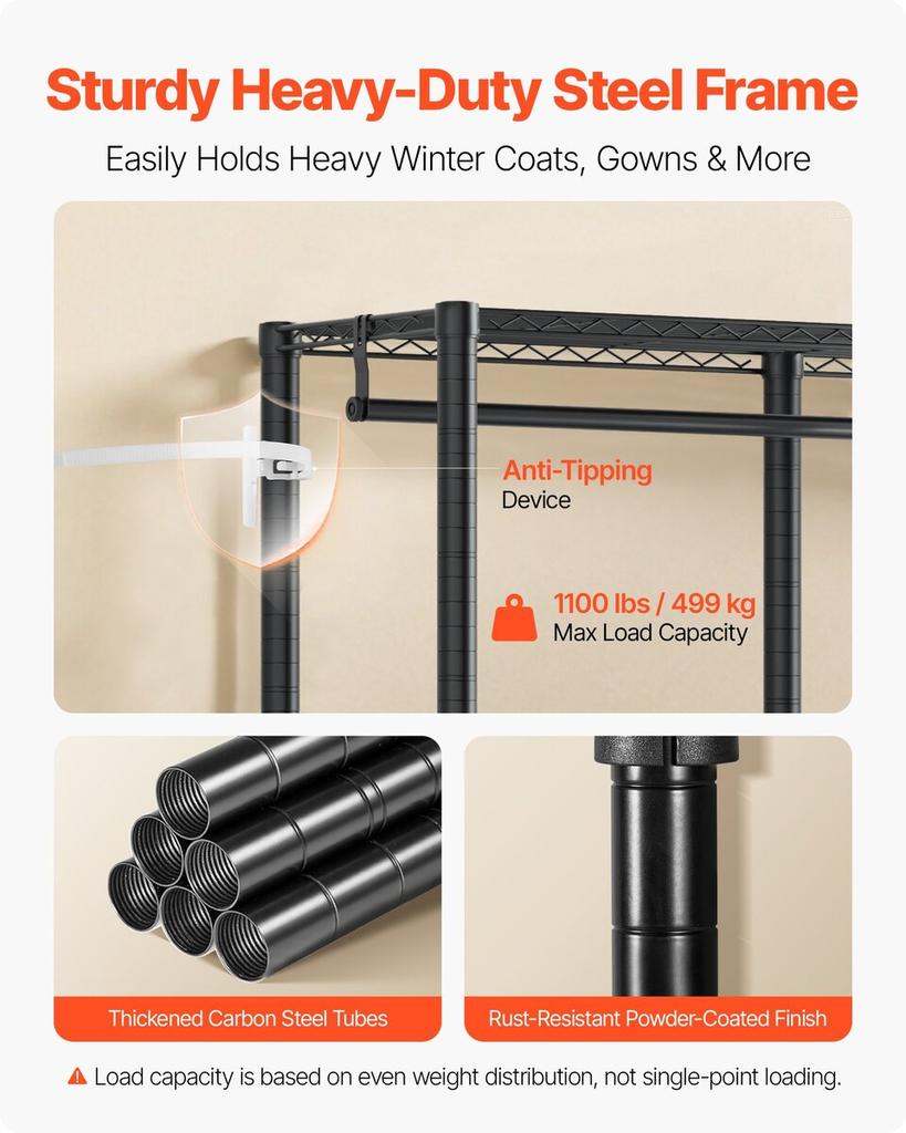 Clothing Garment Rack, Heavy Duty Closet Wardrobe, Adjustable Tiers Clothes Racks with Steel Frame, 499 kg Load Capacity Clothes Rack with 4 Hanging