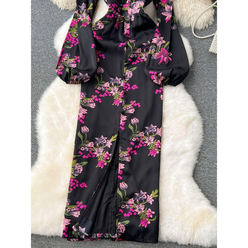 High-End Temperament Elegance Dress Women's Spring Clothing 2024 New Arrival Lightly Mature Waist-Tight Lantern Sleeve Print Formal Dress