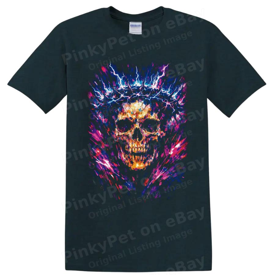 Skull Lightning Abstract Art T Shirt Gothic Neon Electric Graphic Tee Unisex
