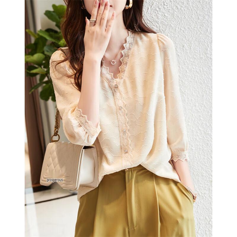DME French Style V-Neck Seven-Point Sleeve Lace Jacquard Shirt