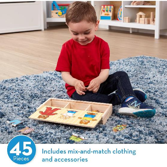 Melissa & Doug Wooden Bear Family Dress-Up Puzzle, 45 Pieces Mix and Match Outfits, Sorting & Matching Toy with Storage Case, Educational Puzzle for