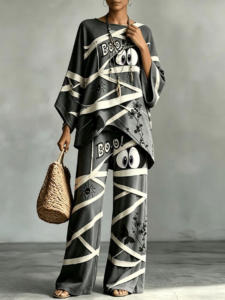 Women's Plus Size Halloween Mummy Print Two-Piece Set