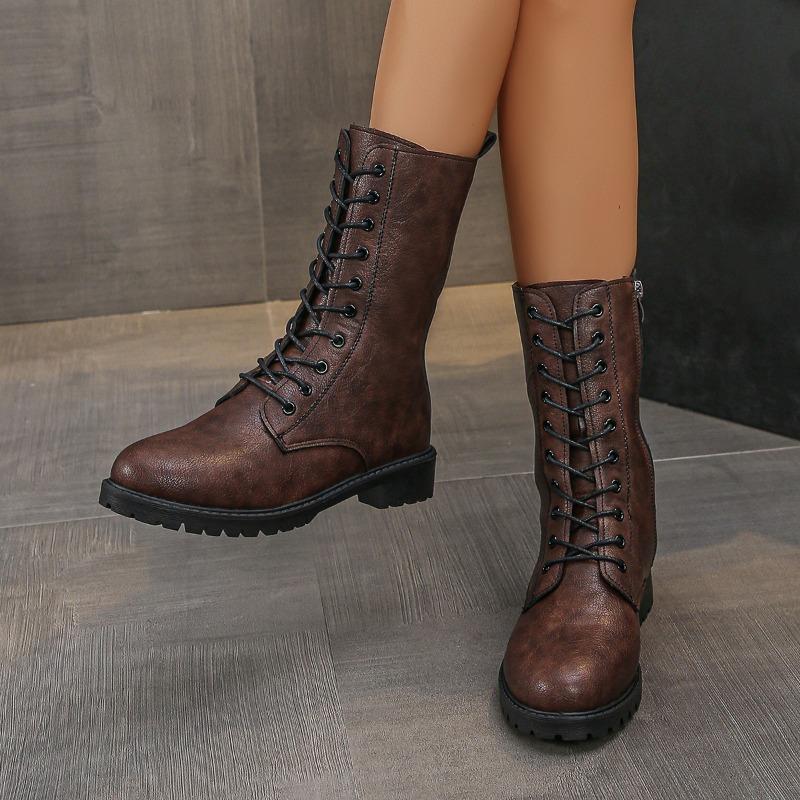 Women'S Fashion Chunky Single Boots Autumn New Round Front Lace-Up Side Zipper Soft Sole Non-Slip Mid-Calf Boots