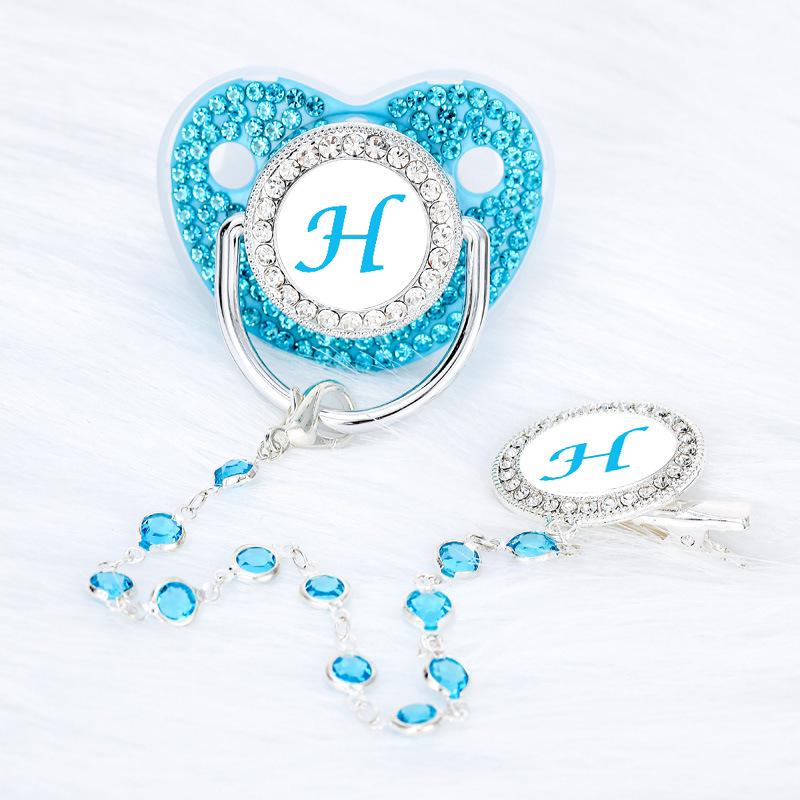 Lake Blue Rhinestone Baby Pacifier with Beaded Chain Clip