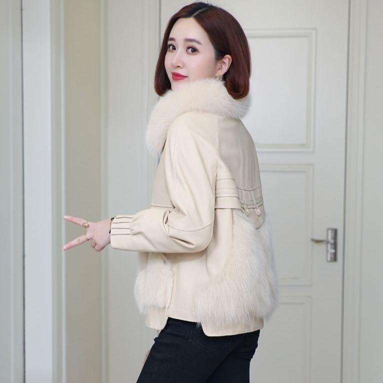 Autumn Winter Women's Faux Fur Coats Stitched Artificial Fox Fur Collar Fur Coat Short Slim Down Leather Jacket