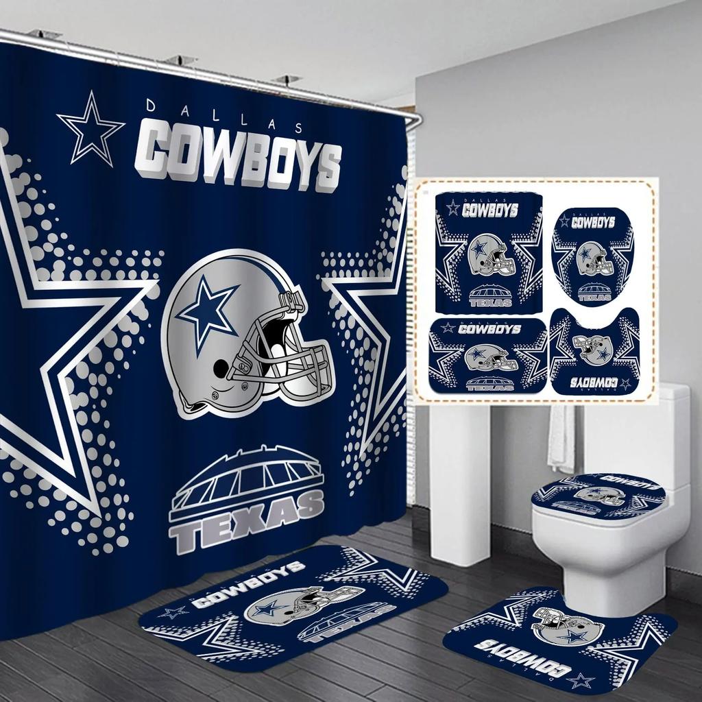 White Navy Blue American Football Shower Curtain Set,Modern Texas Star Rugby Athlete Helmet Sports Bathroom Set Non-Slip Mat Rug