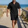 Men's Casual Retro Waffle Knit Short Sleeve Zip Collar Shirt with Drawstring Waist Shorts Set Lightweight Breathable Fabric Summer Outfit