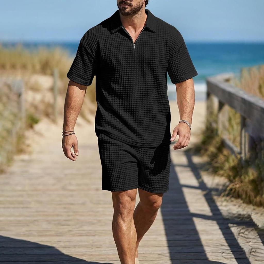 Men's Casual Retro Waffle Knit Short Sleeve Zip Collar Shirt with Drawstring Waist Shorts Set Lightweight Breathable Fabric Summer Outfit