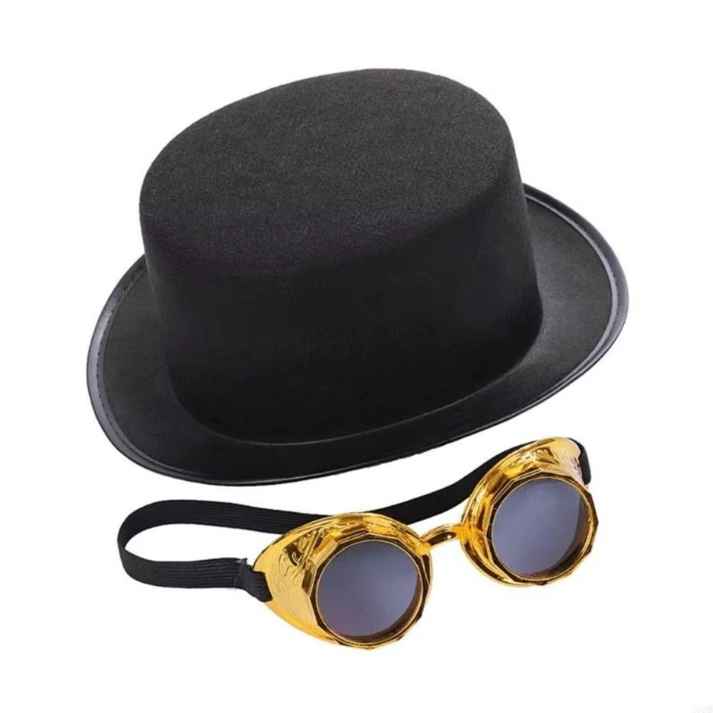 Vintage Black Steampunk Men Hat With Eyeglasses Stage Performance Retro Gothic Hat Magician Hat Top Hats Cosplay Jazz Hat