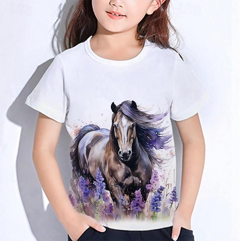 Girls' 3D Graphic Animal Horse T shirt Tee Short Sleeve Summer Spring Fashion Basic Kids 4-12 Years Crew Neck Outdoor Casual Daily Regular Fit