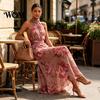 Light Fabric Dress Floral Chiffon for Women, Halter Sleeveless Ruched Maxi Casual Loose Fit Dress, Turtle Neck Wedding Guest Cocktail Evening