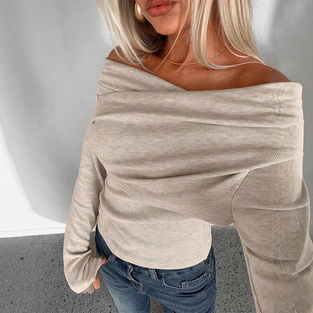 WG128 Autumn/Winter Off-Shoulder Long-Sleeve Solid Color Women's T-Shirt