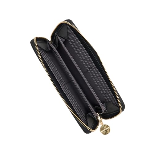 Tetsuro Okabe Long Wallet with Coin Compartment and Stitched Cat Design, Women's, Black, TES012