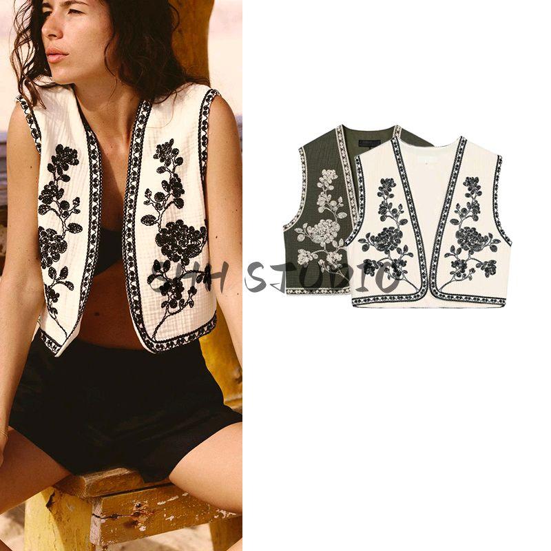Spring and Summer New Women's Clothing Minimalist Versatile Contrast Color Embroider French Sleeveless Cardigan Vest Tops 6318042