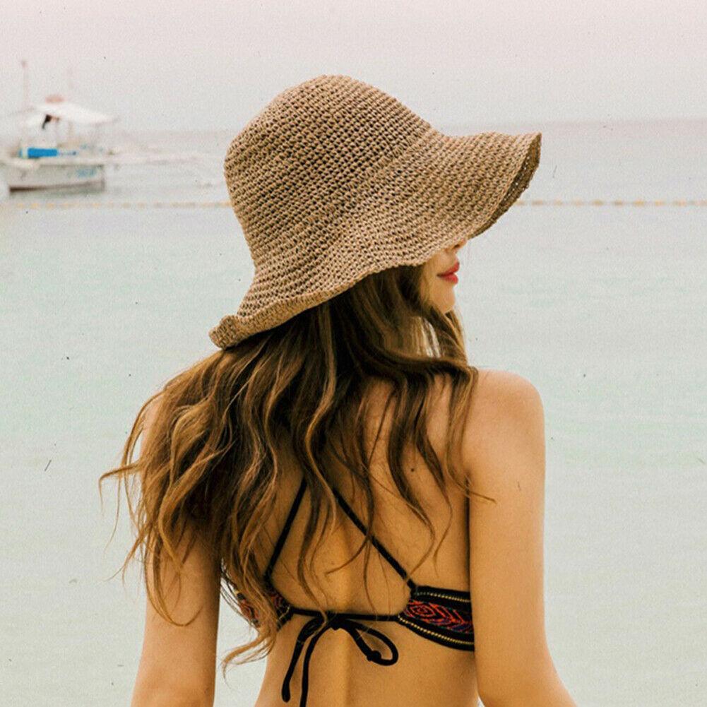 Einfacher Mädchen Rattan Sonnenhut Breiter Rand Schlapp Sommerhüte Für Frauen Strand Panama Stroh Kuppel Eimerhut Damen Schattenspender Hut