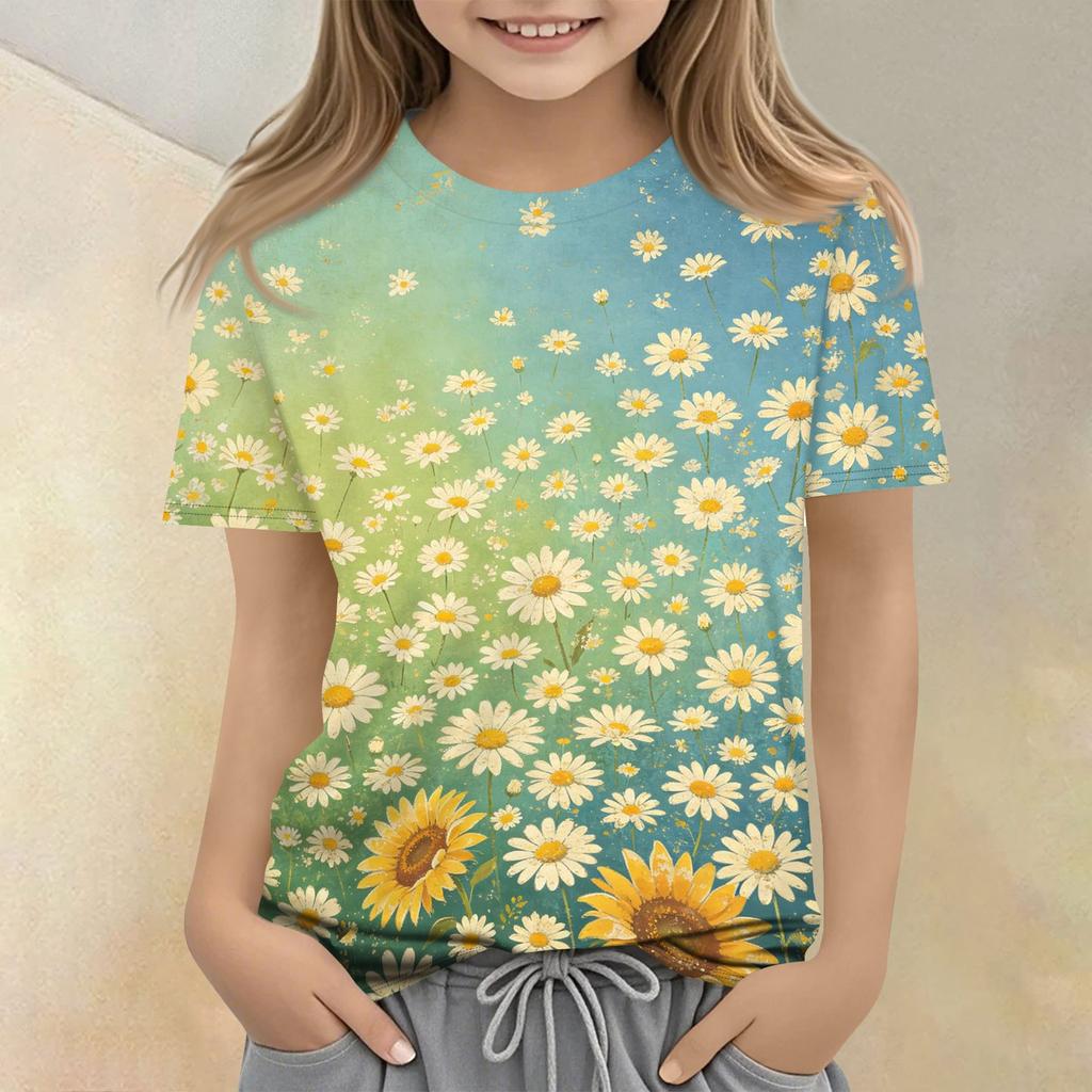 Kinder Blumenprint Rundhals Kurzarm Lässiges Lockeres T-Shirt Top für den Alltag Bequemer Stoff