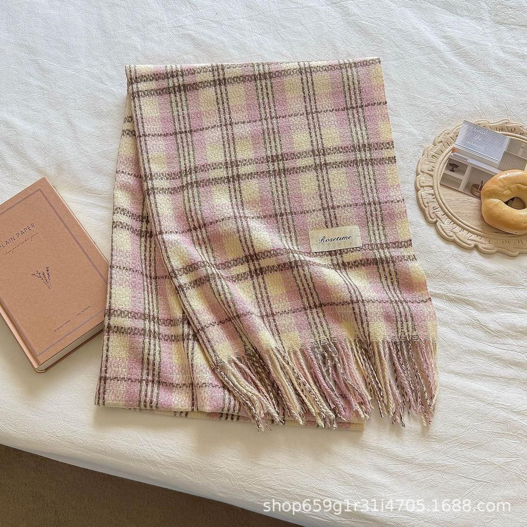 Scarf women's new Korean pink plaid tassel thickened warm college atmosphere shawl scarf