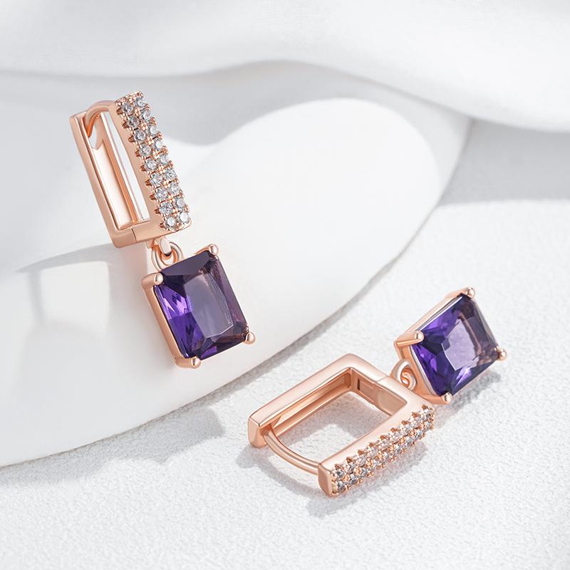 Shiny Purple Square Natural Zircon Drop Earrings For Women Fashion Rose Gold Color Vintage Party Daily Jewelry