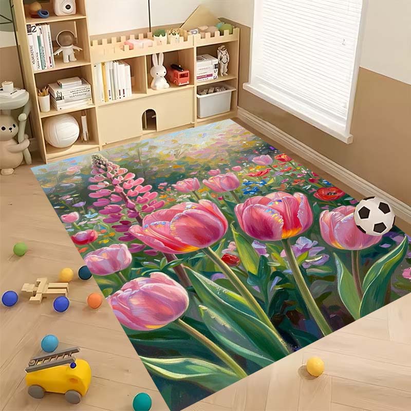 Luxurious Vintage Tulip Floral Pattern Floor Mat, Non-slip, Machine Washable, Suitable for Living Rooms, Bedrooms, and Home Déco