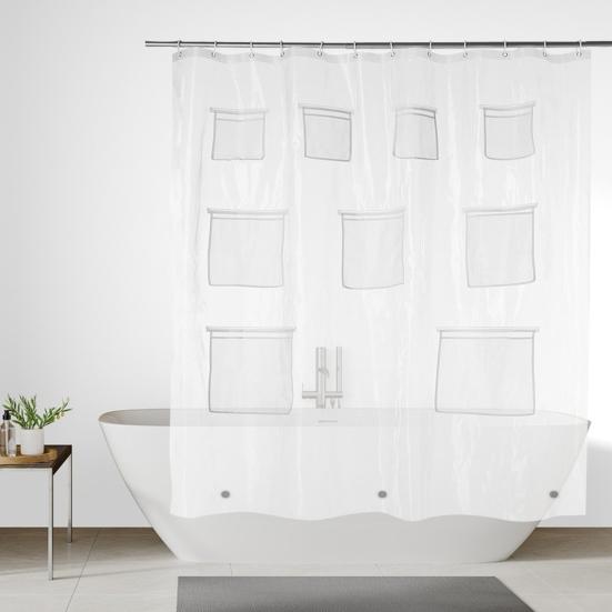 Shower Curtain Bath Organizer Shower Curtain with 9 Transparent Pockets Keep Smartphone Safe Bath Curtain for Bathroom Storage