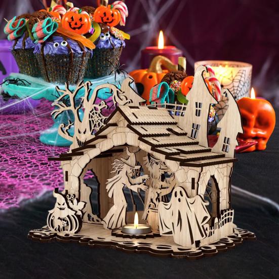 Halloween Candle Holder Spooky Wooden Witch Ghost House Candlestick Decoration for Home Indoor Party Decor