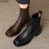 2026 Damen Britischer Stil Stiefeletten mit Absatz Braun Quadratische Spitze Stretch Sockenstiefel Klobiger Mittelhoher Absatz Retro Herbst Booties Größe 35-42