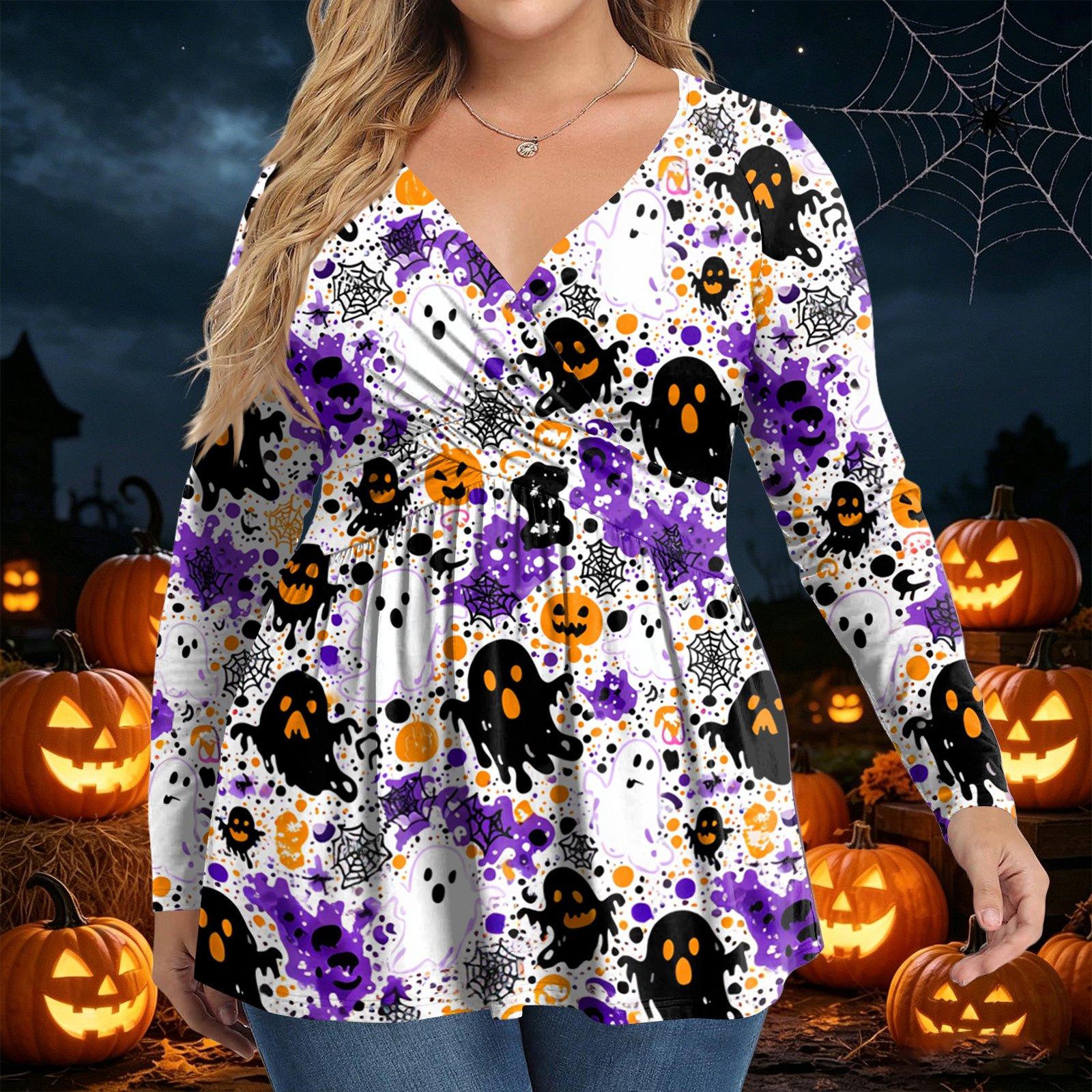 Women s Plus Size Long Sleeve V Neck Blouse with Halloween Print XXXXXL