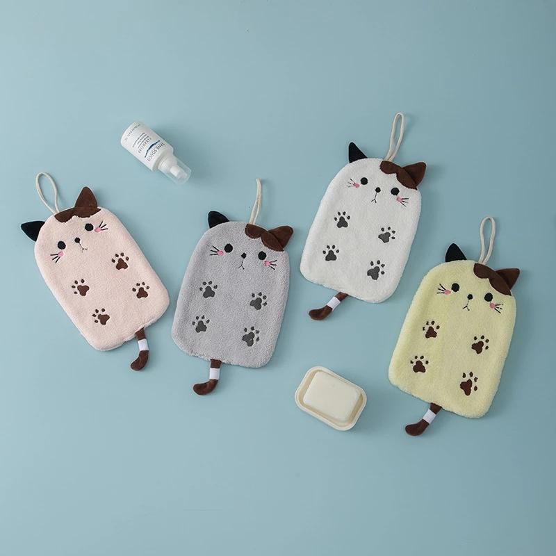 1Pcs Super Absorbent Hanging Type Cat Embroidered Towelette Home Decor Dual Purpose Coral Velvet Hand Towel Bathroom Supplies