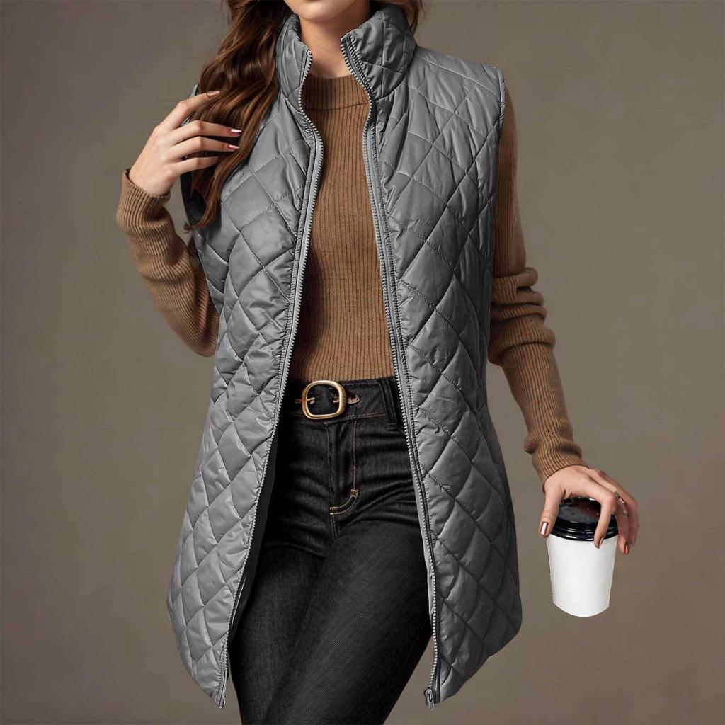 Dámská dlouhá trendy jednobarevná prošívaná bunda bez rukávů na zip, lehká, hřejivá, polstrovaná vesta, kabát, svrchní oděv