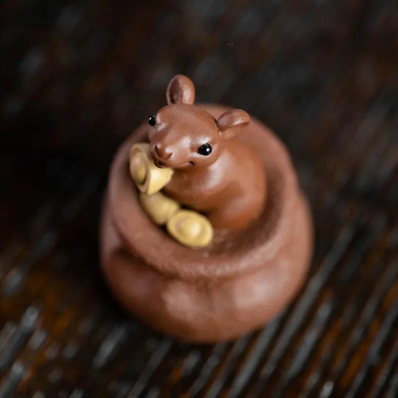 Handmade Yixing Purple Clay Tea Pet Decor Office Desktop Lucky Mouse Ornaments Home Tea Figurine Sculpture Decoration Crafts