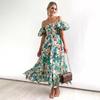 New European and American, Popular Square Neck Lantern Sleeves High Waist One-word Shoulder Dress Loose and Long