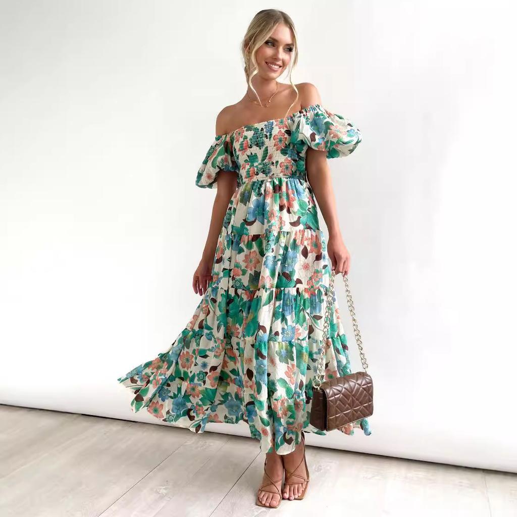 New European and American, Popular Square Neck Lantern Sleeves High Waist One-word Shoulder Dress Loose and Long