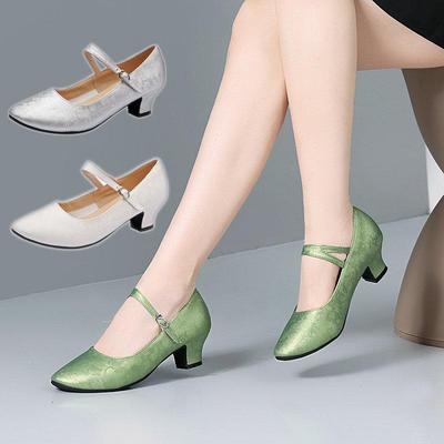 Scarpe da Ballo Latine e Quadrate da Donna in Argento Stile Cinese con Suola Morbida, Tacco Medio/Alto per Ballo Sociale e Moderno