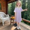 Girls Polo Dress Summer Short Sleeve Purple A Line Korean Style New Fashion Plain Color Collar Dress