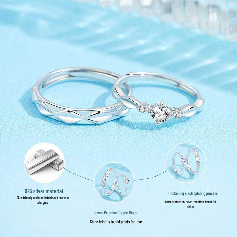 Love's Promise Platinum Gold Couple's Ring: 999 Sterling Silver Plated, Open Design with Entwined Threads and Simple Diamond Accents.