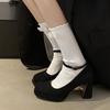 New Spring and Autumn One-word Buckle with Small High Heels Women's Waterproof Table Square Head Shallow Mouth Thick Heel Women's Single Shoes