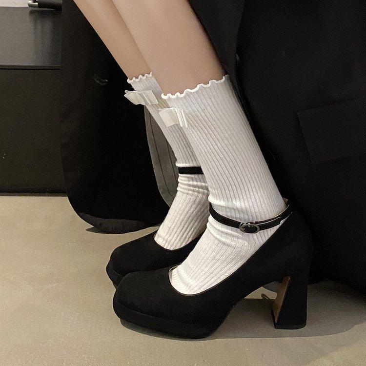 New Spring and Autumn one-word buckle with small high heels women's waterproof table square head shallow mouth thick heel women's single shoes