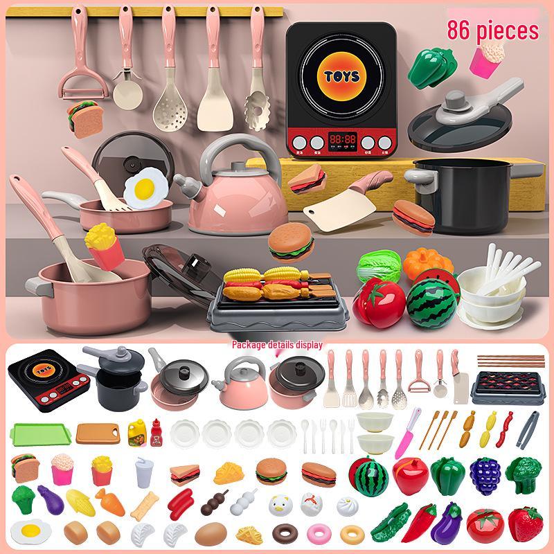 Large Pink Simulation Kitchen Playset for Kids: Includes Pressure Cooker, Induction Cooker, and Rice Cooker for Boys and Girls.