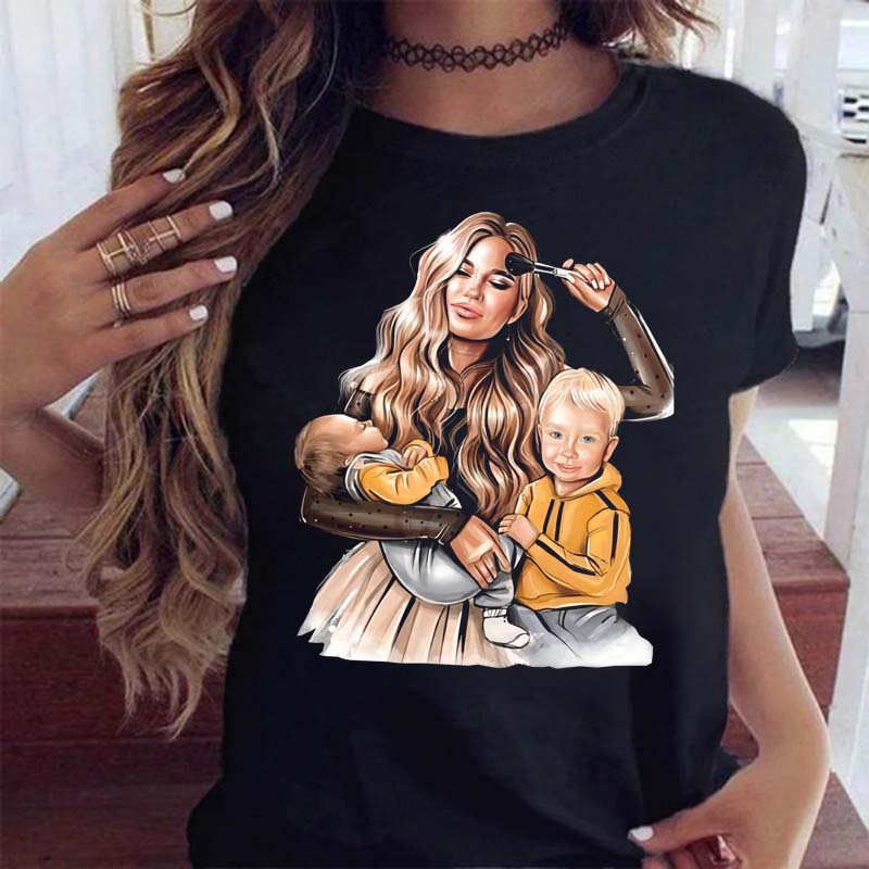 Camiseta feminina desenho animado mãe filha filho estampa senhora camisetas manga curta tops feminino kawaii gráfico camiseta feminina roupa