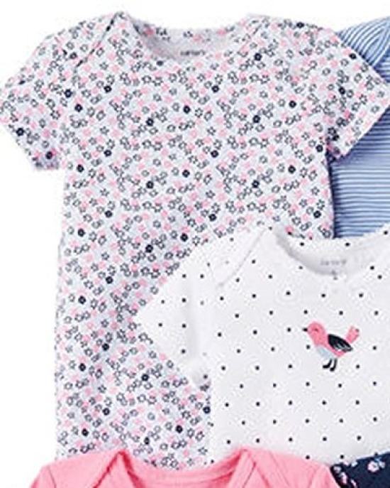 Set of Cute and Border Baby Bodysuits for Girls Months Carter's 5-piece Heart, Dot, Short-sleeve (12 (72-78cm)) [Used]
