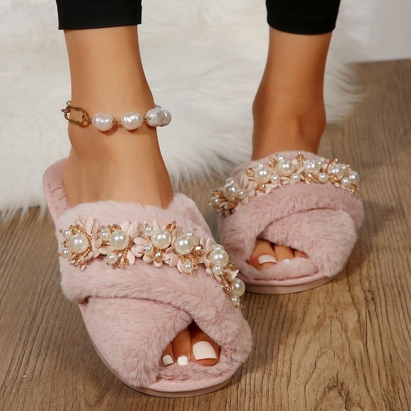Fashion Women's Flat Home Cotton Slippers Autumn Winter Warm Fur Flowers Beaded Slipper for Women Casual Light Non-slip Slides Shoes