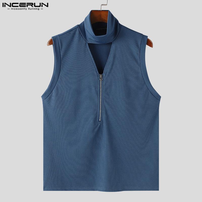 INCERUN Men High Neck Sleeveless Solid Vest Zipper Knitted Tank Tops